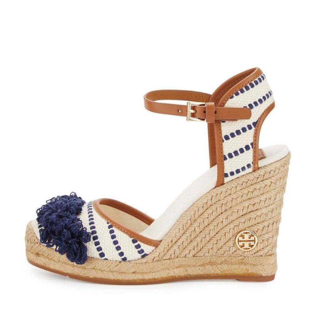 💙 NEW Tory Burch Shaw Navy Striped Wedge Espadrille Sandal 10.5